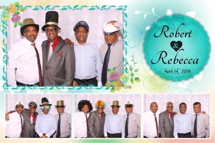 Custom wedding photo booth print with guests in themed props