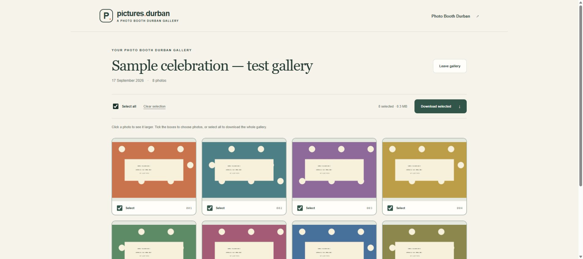 Sample private gallery with thumbnail checkboxes, Select all checked and Download selected enabled